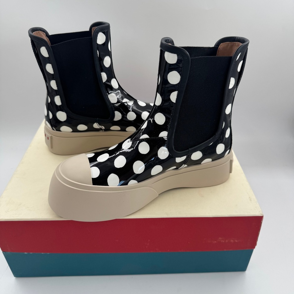 Marni Pablo Polka Dot Patent Leather Platform Chelsea Boots Black White 35 $1140
